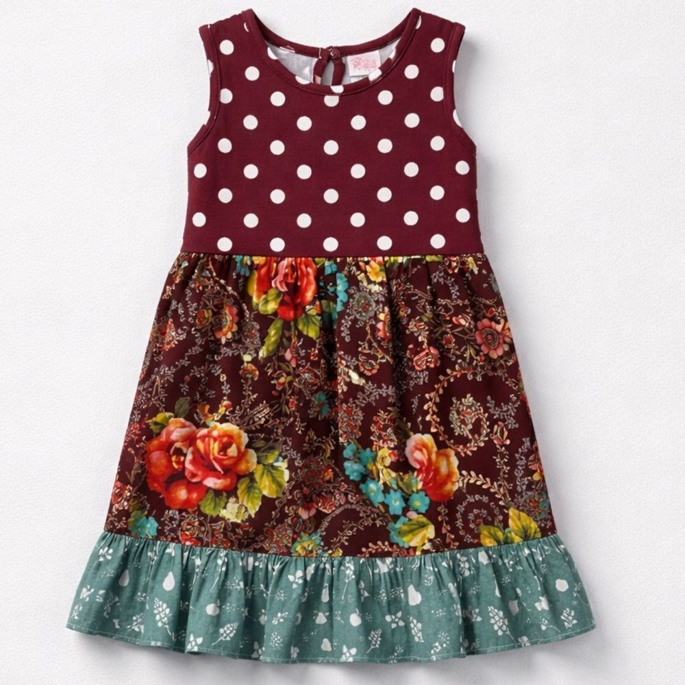 Ricrac and Ruffles burgundy polka dot and floral print ruffle hem dress size 24m